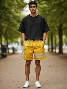 Vintage Y2K AVIREX SZ M Mens Nylon Yellow Hi-Vis Reflective Utility Shorts